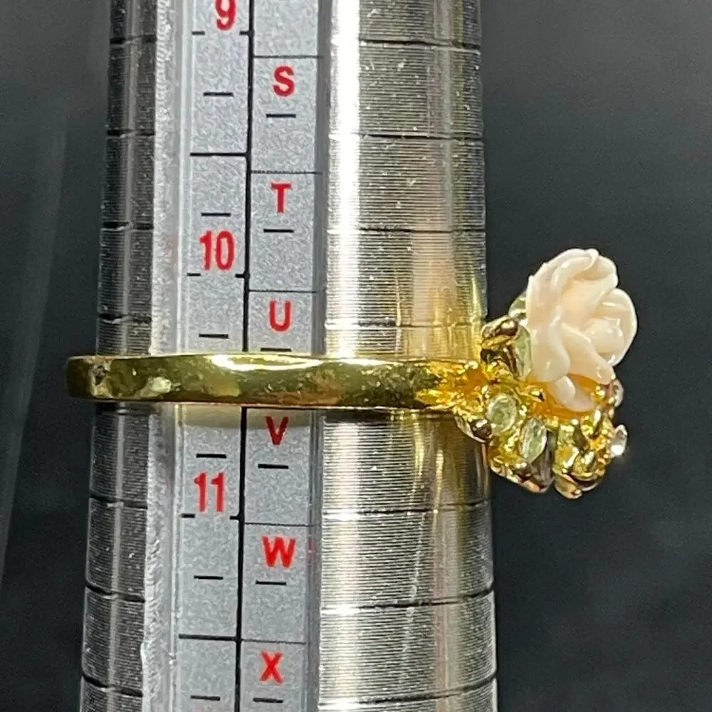 Lucite Carved Flower Colorful Rhinestones S925 Marked Vtg Sz 10.5 Inscription